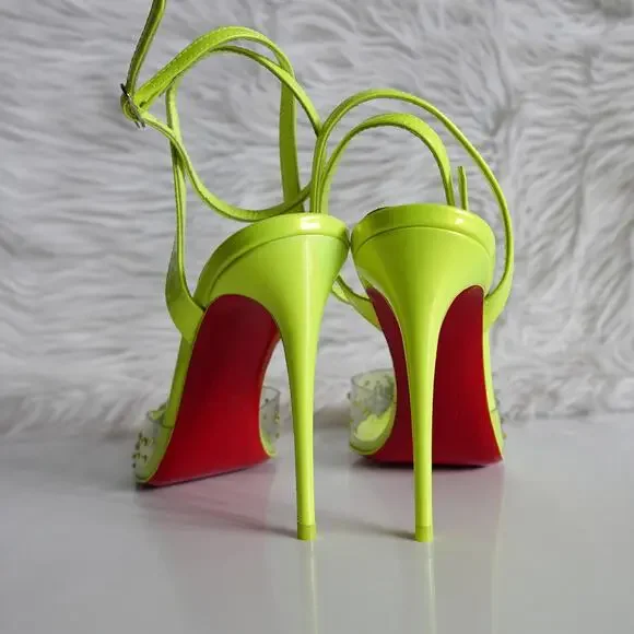 Christian Louboutin Spikaqueen 100 Crystal Neon Yellow Green Clear Pumps Size 37 - Picture 8 of 16
